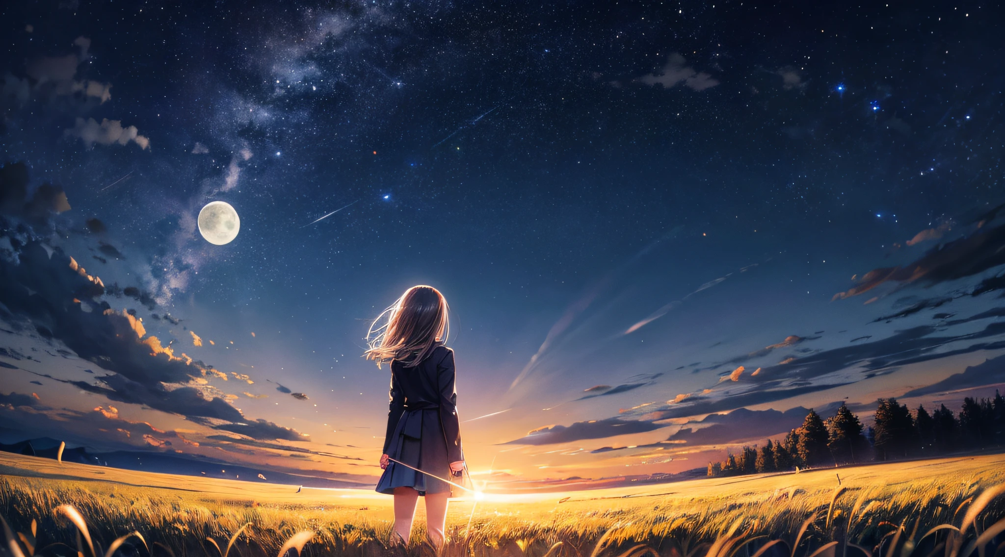 grass field night sky with moon visible Starlight rays of moonlight girl standing with her back to the center