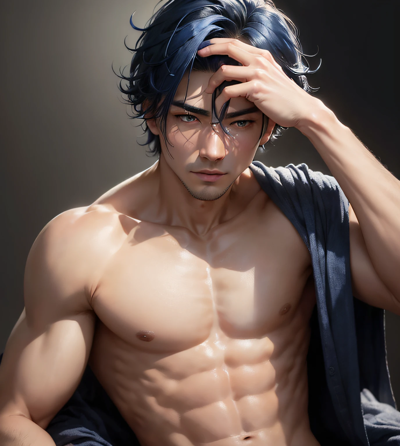 ((top-quality、in 8K、masterpiece:1.3))、独奏、Handsome man with dark blue hair and naked looking at camera,