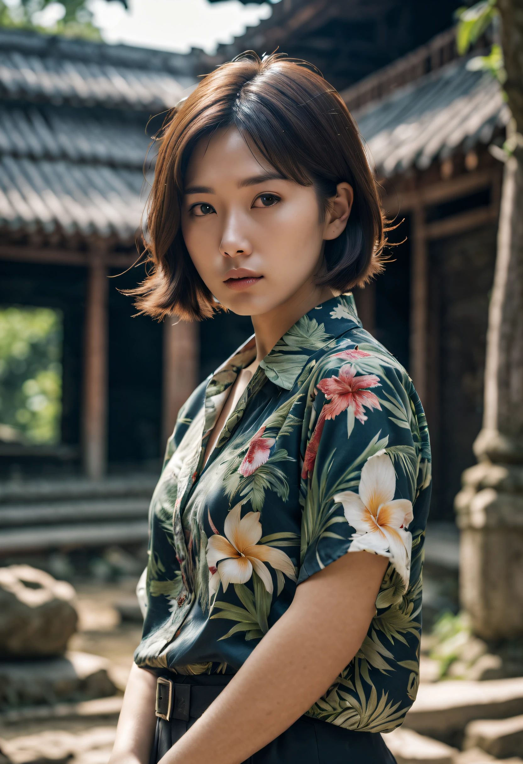 8K, (Best Quality), 超A high resolution, (Photorealistic:1.4), Raw photo, 1 beautiful Japanese women, 26 years old, Short hair, tropical print shirt, At an abandoned temple