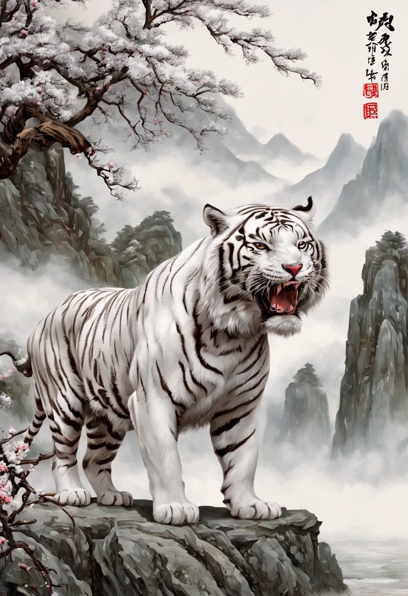 The mighty and ferocious white tiger，Green pines and cypresses stand tall，surrounded by cloud，rugged mountains，Old palace，Surrounded by snow and ice，[(white backgrounid:1.5)::5]，Medium shot，fully body photo，Chinese style，Plum blossom fragrance，stone fragment，Beautiful and delicate Chinese white tiger，(Fine strokes: 1.1), Dynamic depiction, Vivid and real, mesmerizing charm, rich pictures, 8K, ink and watercolor painting, artistic décor, expected insert, wide angles, super detailing, Best quality at best, A high resolution, anatomy correct