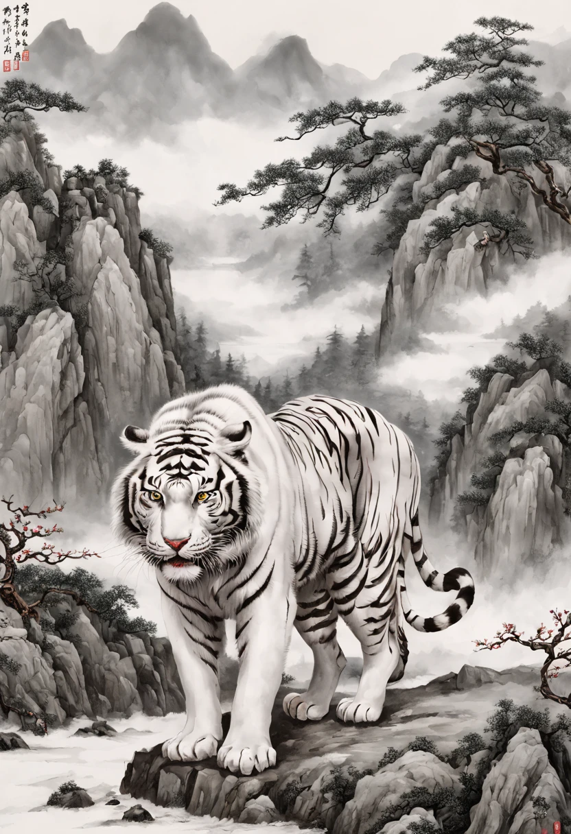 The mighty and ferocious white tiger，Green pines and cypresses stand tall，surrounded by cloud，rugged mountains，Old palace，Surrounded by snow and ice，[(white backgrounid:1.5)::5]，Medium shot，fully body photo，Chinese style，Plum blossom fragrance，stone fragment，Beautiful and delicate Chinese white tiger，(Fine strokes: 1.1), Dynamic depiction, Vivid and real, mesmerizing charm, rich pictures, 8K, ink and watercolor painting, artistic décor, expected insert, wide angles, super detailing, Best quality at best, A high resolution, anatomy correct