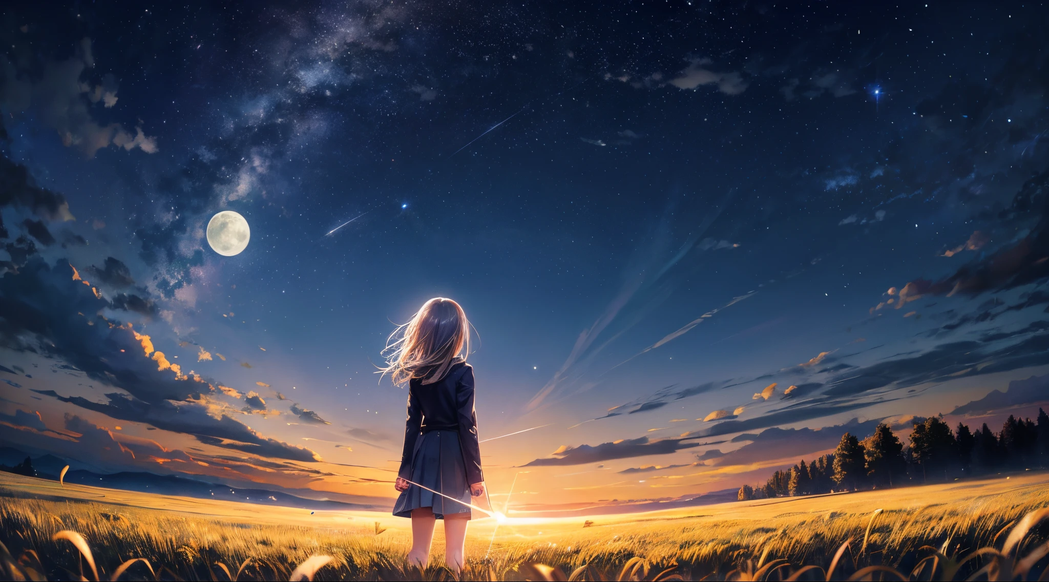 grass field night sky with moon visible Starlight rays of moonlight girl standing with her back to the center