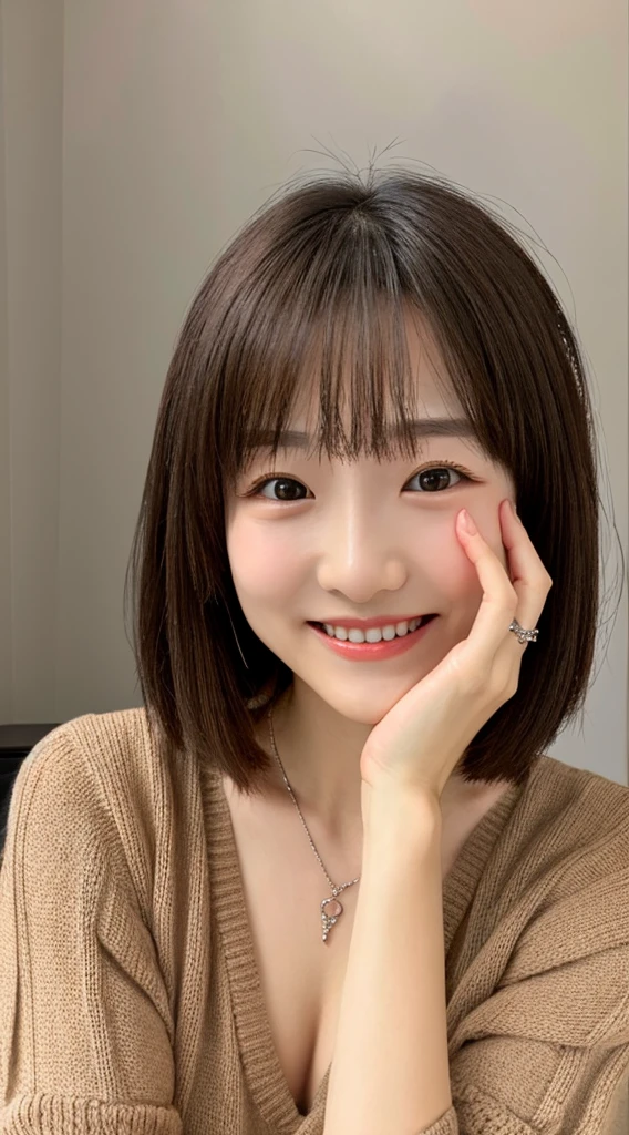 女の子1人、just one pose、your own photo image、21years old、house wife、face perfect、Cute face like an idol、Height 160cm、小柄、casual brown short hair、超A high resolution、Full body image from head to foot、Professional Lighting、moody dim lighting、（masutepiece:1.5）、8K、（（Slim body:1.1））、Detailed face and skin、（brown casual hairstyle:1.5）、thin necklace and earrings、Very cute face、light eyebrow、Natural touch、（very small and thin face:1.3）、Take a sexy pose、（（Very small breasts:1.5））、Small breasts、Wear a casual knit、Full body image、Looking at the camera、Cute smile、Natural makeup、Wedding ring on left ring finger、（NSFW:1.5）