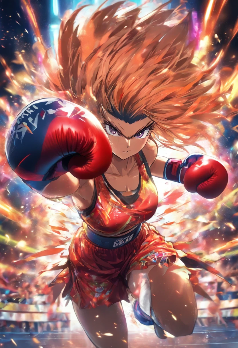 Boxeuse mature、Queue de cheval aux cheveux noirs、Peau brune、Soutien-gorge et short de sport noirs、Gants de boxe、Avec des yeux vifs、Position de boxe、Tour de taille、