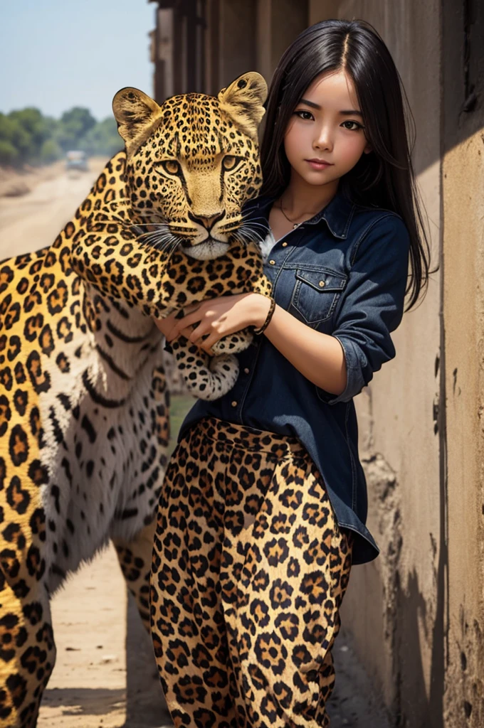 a girl, holding leopard