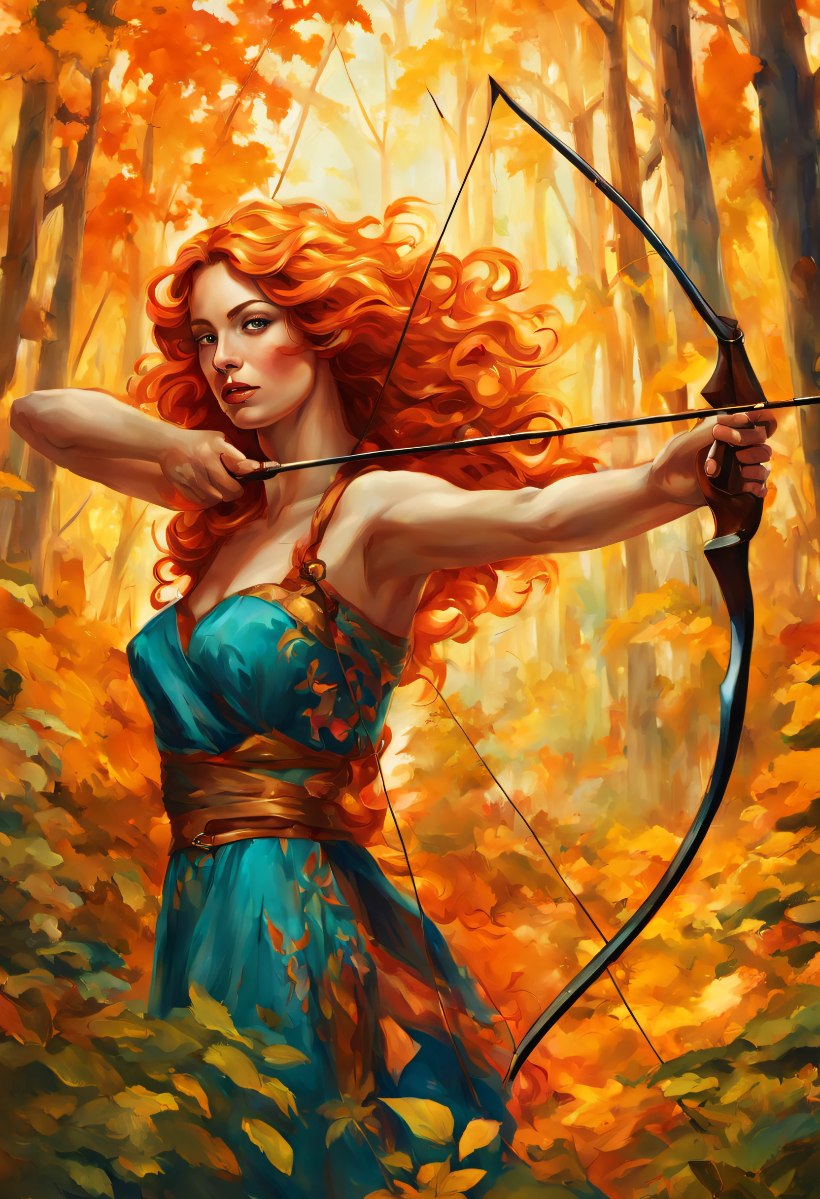 In a vibrant forest, a mesmerizing woman with flowing, fiery curls confidently wields a hunting bow. The realistic details capture her allure, while the Pop Art style adds a unique twist to the image. Prompt length: 186 chars. --ar 16:9 --v 5.2