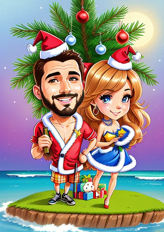 a cartoon of a couple on an island with christmas decorations, estilo caricatura, caricature illustration, in cartoon style, Natal, caricatura!!!, holiday season, feriado, retrato dos desenhos animados, retrato de casais, caricatura, caricatural, desenho animado altamente detalhado, arte dos desenhos animados, estilo de arte dos desenhos animados, charicatura, desenhos animados realistas, 2D, 2 d, Cartoon style illustration
