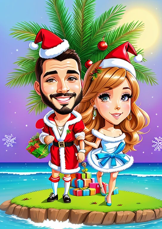 a cartoon of a couple on an island with christmas decorations, estilo caricatura, caricature illustration, in cartoon style, Natal, caricatura!!!, holiday season, feriado, retrato dos desenhos animados, retrato de casais, caricatura, caricatural, desenho animado altamente detalhado, arte dos desenhos animados, estilo de arte dos desenhos animados, charicatura, desenhos animados realistas, 2D, 2 d, Cartoon style illustration