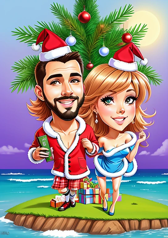 a cartoon of a couple on an island with christmas decorations, estilo caricatura, caricature illustration, in cartoon style, Natal, caricatura!!!, holiday season, feriado, retrato dos desenhos animados, retrato de casais, caricatura, caricatural, desenho animado altamente detalhado, arte dos desenhos animados, estilo de arte dos desenhos animados, charicatura, desenhos animados realistas, 2D, 2 d, Cartoon style illustration