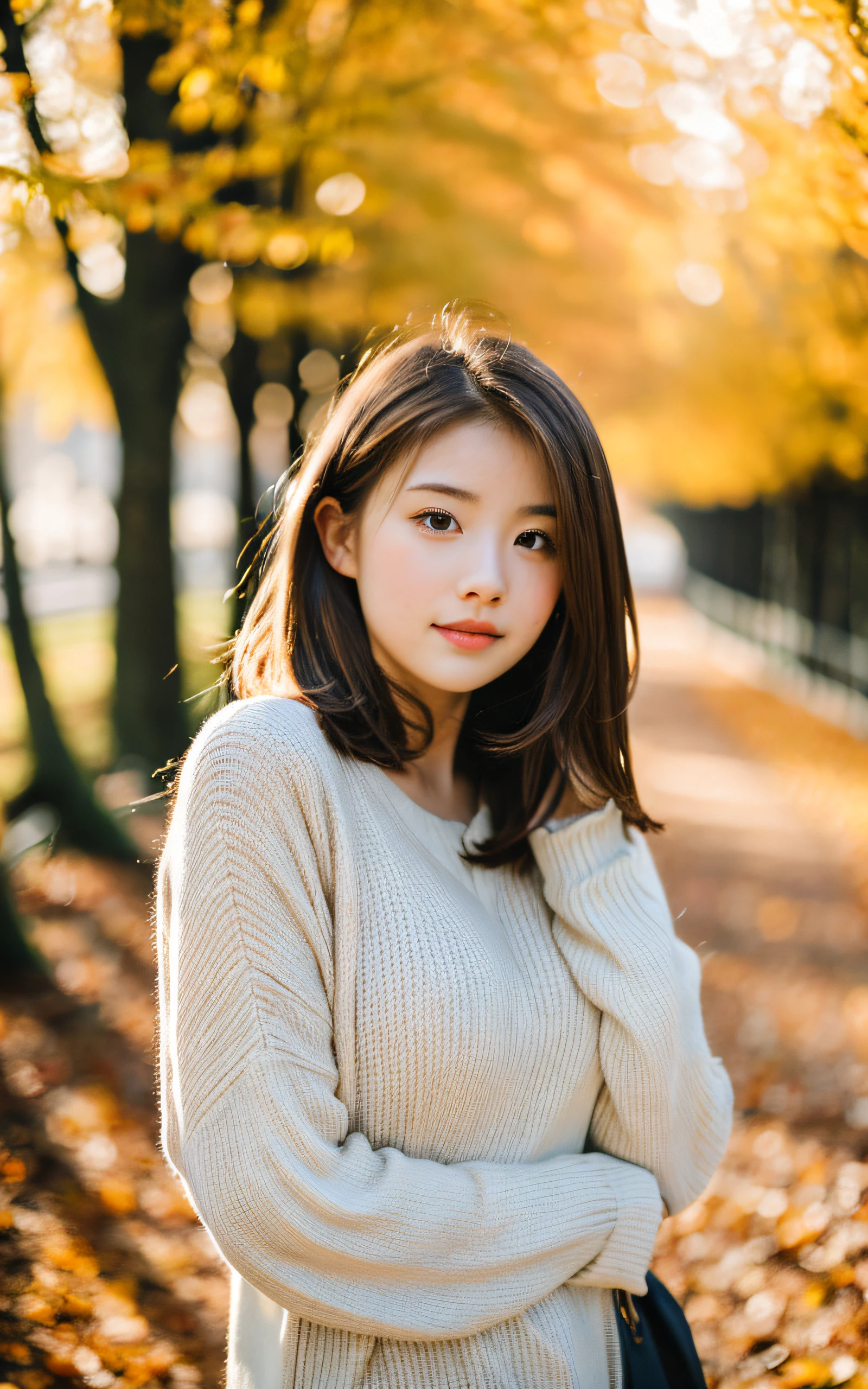 masutepiece, Best Quality, 8K, 1 girl, in autumn, Tree-lined avenue of autumn leaves, out of focus, 18 yo, medium breasts, Mouth slightly open, cute little, Solo, sad, Clothes that look good in autumn, Cute, Girly, Delicate girl, Neat and clean beauty, Raw photo, Professional Photography, Portrait, Soft light, Professional Lighting, Back lighting, Upper body, see the beholder, Sophisticated, Film grain, (Eyes and faces with detailed:1.0), Medium hair swaying in the wind, beautiful flowing brown hair,