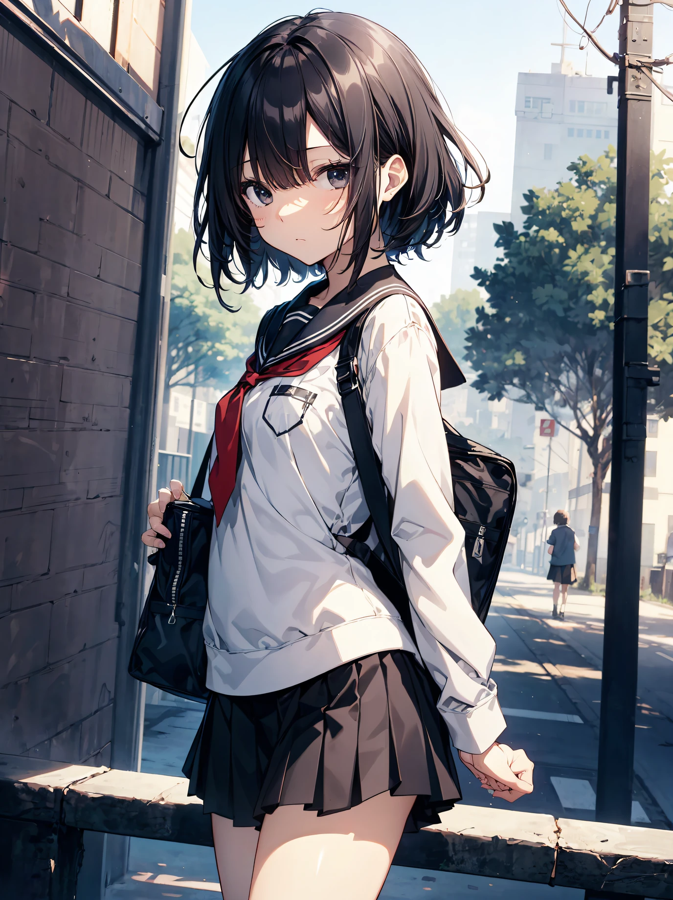 divine quality, anime moe art style,Best Anime 8K Konachan Wallpapers,Badass Anime 8K,Perfect Anatomy, (Draw a girl sleepily walking to school. ),BREAK, 1girl in, (Solo,Lori,,13yea:1.3),a junior chool student, Andr attraction, (Very short hair),hair messy, Full limbs, complete fingers,flat chest, Small butt, groin, Small eyes,Precise black eyes,disgusted eye, School uniform, On the way to school. BREAK,Ultra-detailed,High resolution,super detailed skin, Professional Lighting,8k eye details, (cool illustration:1.2),