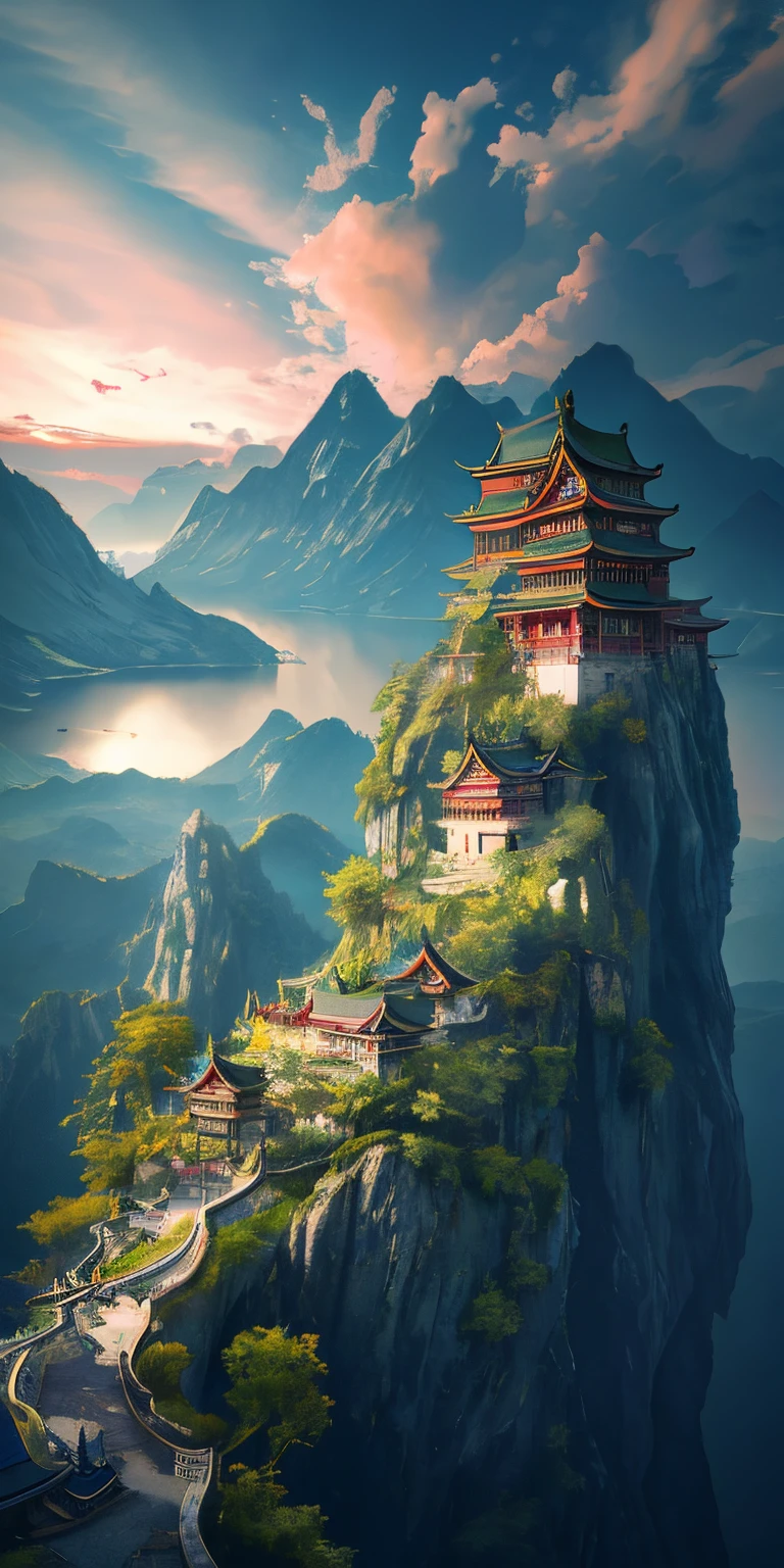 Masterpiece, best quality, high quality, extremely detailed CG unity 8k wallpaper, outdoor, sky, clouds, night, no humans, mountain, chinese style palace sits on the mountain, moonlight, cinemagraph, landscape, water, trees, waterfall, cliff, nature, lake, river, cloudy sky, award winning photography, bokeh, depth of field, hdr, bloom, chromatic aberration, photorealistic, highly detailed, trending on artstation, trending on CGsociety, intricate, high detail, dramatic, halfway art