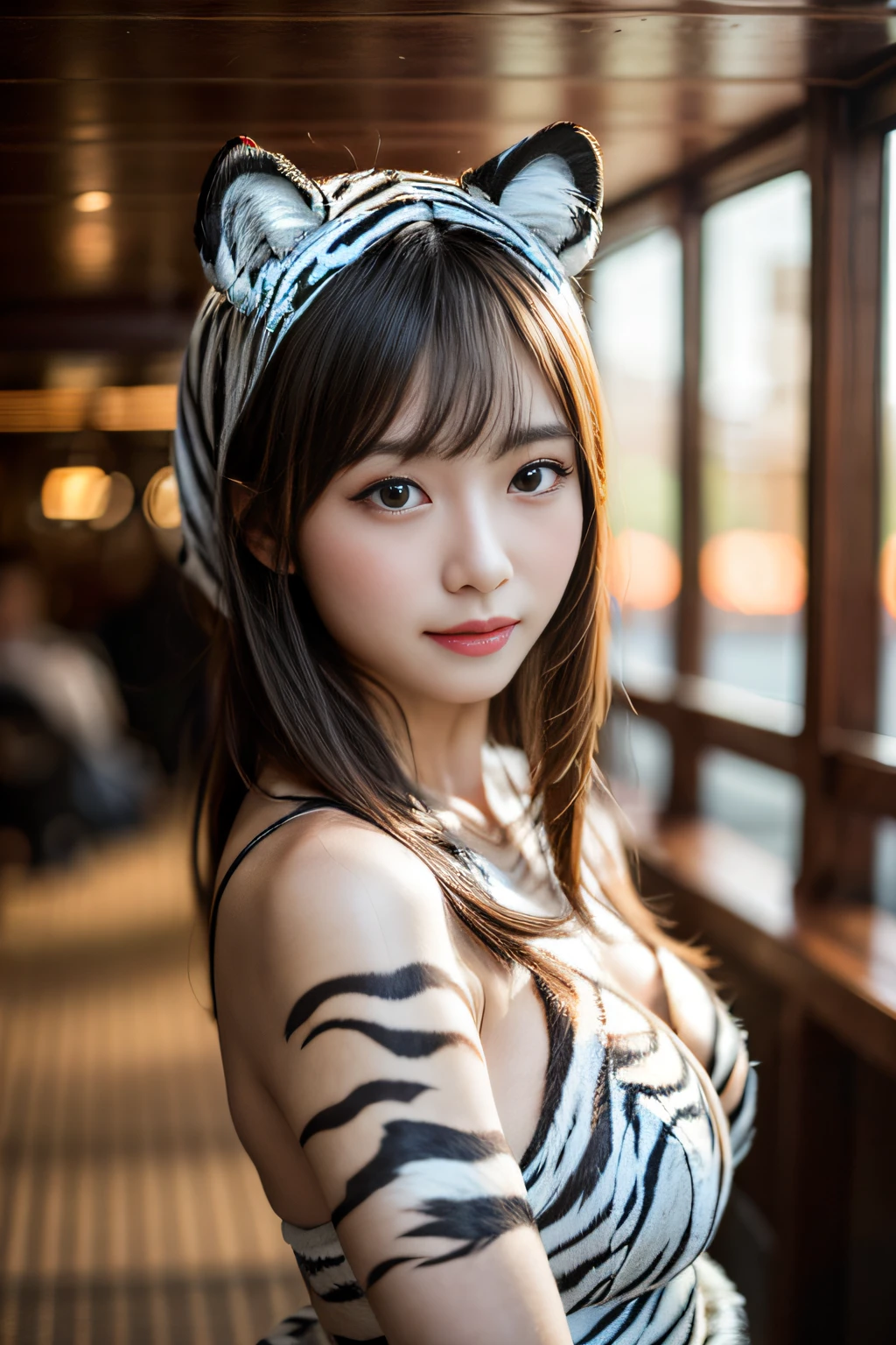 (masutepiece:1.3), (8K), (Best Quality:1.4), (nffsw:1.2), (Photorealistic:1.3),(Raw photography), (1girl in), (ultra high detailed), (Detailed face), Very perfect beautiful and cute face, (detailed hairs), Beautiful hair, Bangs, (Symmetrical eyes:1.3), (Detailed eyes), (Detailed skin), Realistic skin, Shiny skin, Ultra high definition, (medium breasts:0.7, well-shaped breasts), (slim figure), (Supermodel Figures), Gentle smile:1.1, (A very beautiful and cute Japanese girl with a gentle expression), ( Wearing a white tiger costume:1.3 ), cute Japanese girls, cute Japanese girls, Cinematic lighting:1.3, On the deck of a luxury cruise ship, Front light:1.1