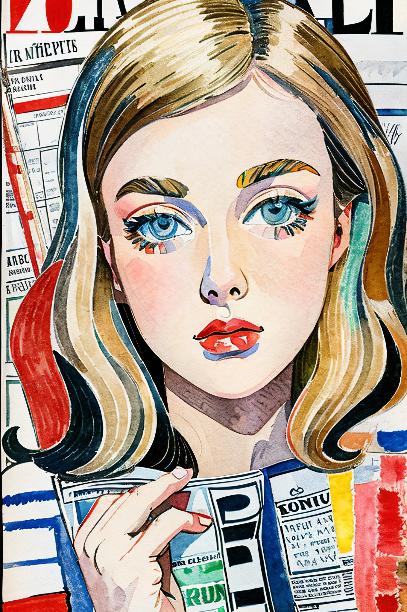 Sketched, watercolor paiting, Collage of Picasso and Robert Delaunay, cubism, Abstract, Cute daughter, big clear blue eyes, Little red cheeks, Blonde long-haired, Face-centric, Against the backdrop of newspapers and fashion magazines, Intricate Brushwork, high-level image quality, A breathtaking masterpiece
