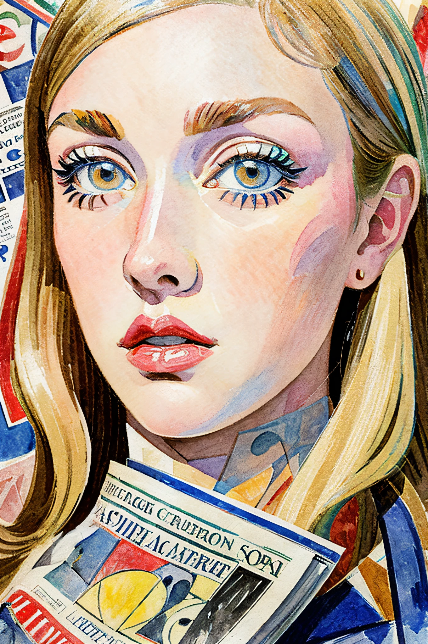 Sketched, watercolor paiting, Collage of Picasso and Robert Delaunay, cubism, Abstract, Cute daughter, big clear blue eyes, Little red cheeks, Blonde long-haired, Face-centric, Against the backdrop of newspapers and fashion magazines, Intricate Brushwork, high-level image quality, A breathtaking masterpiece