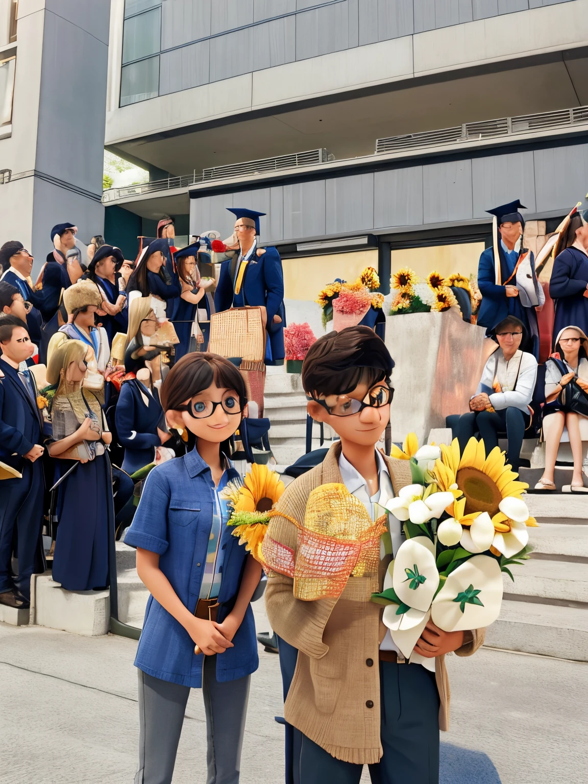 couple taking photos at gf's graduation. girl wearing beige hijap holding daisy & sunflower bouquet. guy wearing blue shirt & glasses standing on the right
