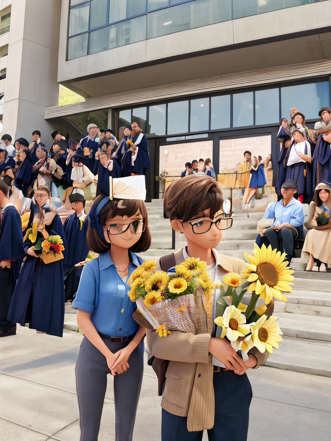 couple taking photos at gf's graduation. girl wearing beige hijap holding daisy & sunflower bouquet. guy wearing blue shirt & glasses standing on the right