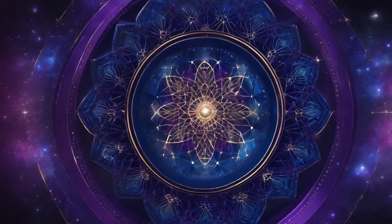 Artistic digital rendering for a numerologist's screensaver, combining sacred geometry patterns with floating numerals in a cosmic space. The color palette consists of deep blues and purples, creating an atmosphere of cosmic mysticism.