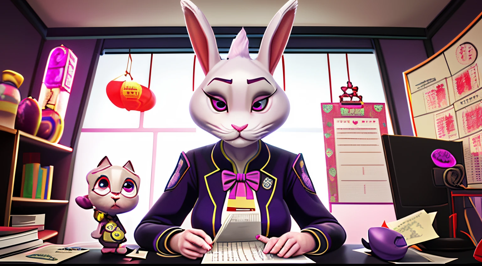 A white rabbit，She has big purple eyes，long eyelasher，Pink nose，Wearing a gray suit，The badge on the suit has Chinese characters written on it：Guimao。The background is a festively decorated office area with a Spring Festival atmosphere，There are 12 workstations in the office area，Usagi sitting at her work station，working on a book《certificate of completion》signature，There is also an official seal in her hand。pixar-style，3d animemasume，in a panoramic view。