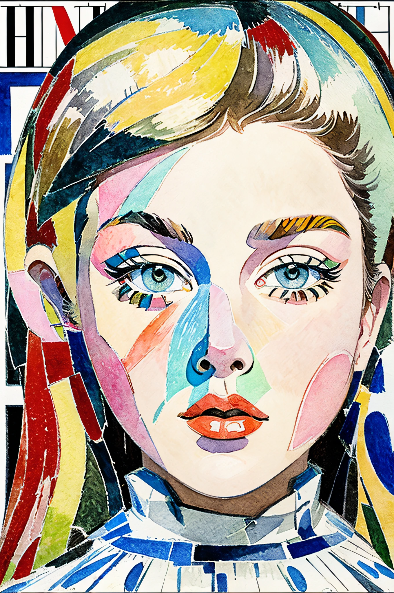 Sketched, watercolor paiting, Collage of Picasso and Robert Delaunay, cubism, Abstract, Cute daughter, big clear blue eyes, Little red cheeks, Blonde long-haired, Face-centric, Against the backdrop of newspapers and fashion magazines, Intricate Brushwork, high-level image quality, A breathtaking masterpiece