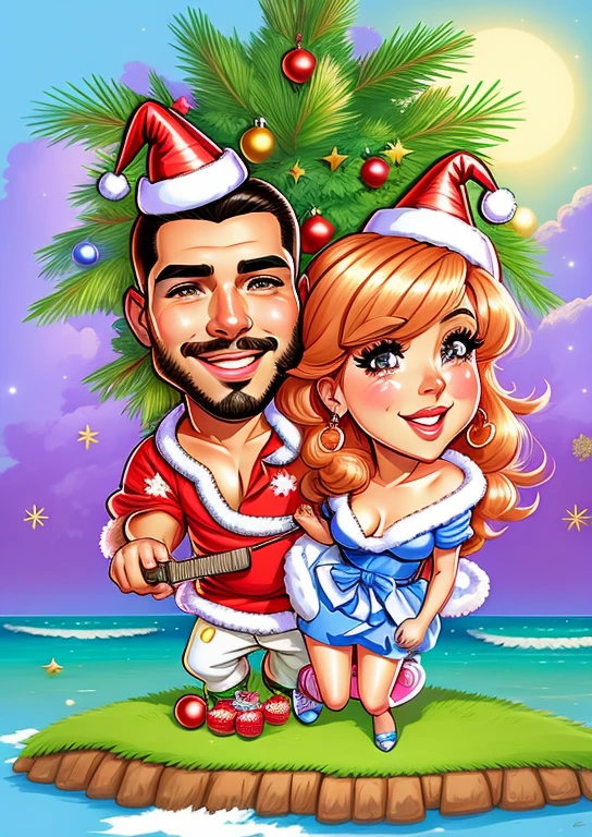 a cartoon of a couple on an island with christmas decorations, estilo caricatura, caricature illustration, in cartoon style, Natal, caricatura!!!, holiday season, feriado, retrato dos desenhos animados, retrato de casais, caricatura, caricatural, desenho animado altamente detalhado, arte dos desenhos animados, estilo de arte dos desenhos animados, charicatura, desenhos animados realistas, 2D, 2 d, Cartoon style illustration