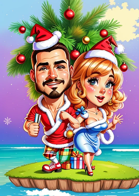 a cartoon of a couple on an island with christmas decorations, estilo caricatura, caricature illustration, in cartoon style, Natal, caricatura!!!, holiday season, feriado, retrato dos desenhos animados, retrato de casais, caricatura, caricatural, desenho animado altamente detalhado, arte dos desenhos animados, estilo de arte dos desenhos animados, charicatura, desenhos animados realistas, 2D, 2 d, Cartoon style illustration