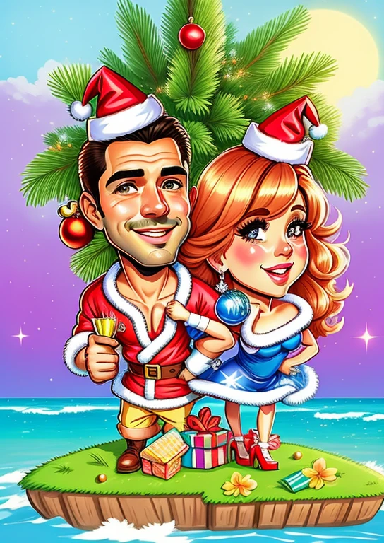 a cartoon of a couple on an island with christmas decorations, estilo caricatura, caricature illustration, in cartoon style, Natal, caricatura!!!, holiday season, feriado, retrato dos desenhos animados, retrato de casais, caricatura, caricatural, desenho animado altamente detalhado, arte dos desenhos animados, estilo de arte dos desenhos animados, charicatura, desenhos animados realistas, 2D, 2 d, Cartoon style illustration