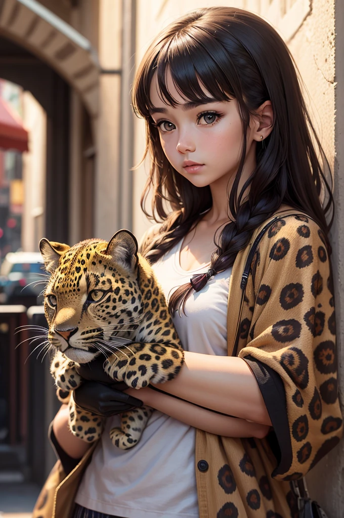 a girl, holding leopard