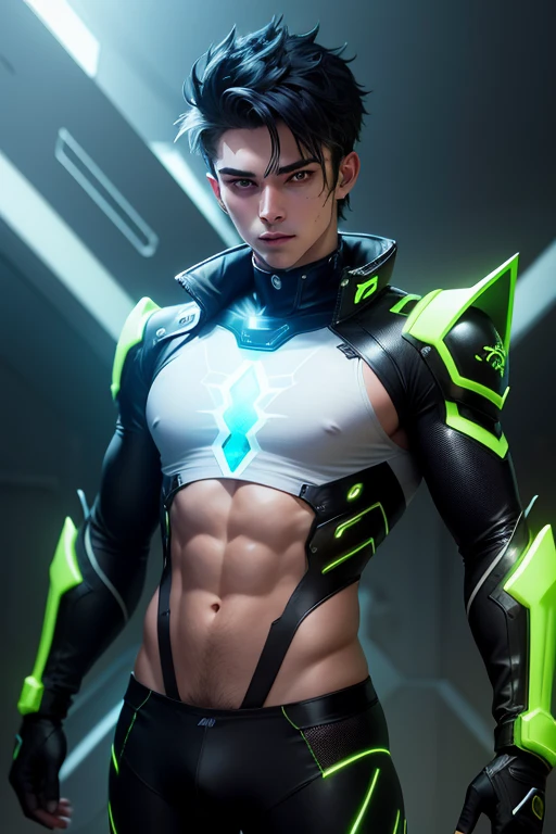 A highly detailed photograph of a white 18-year-old guy futuristic dressed with neon lights, futuristic cap and clothing, with detail of dragon-type scales, silver in color with gold details, a dragon head on the shirt on the chest,, masculine pose, handsome, atractive, with green eyes, well groomed short black hair, mischievous look, happy expression, showing the ripped sweaty torso, in a tech futuristic room, beautiful illumination. hyperrealistic, hyperdetailed, 4k,