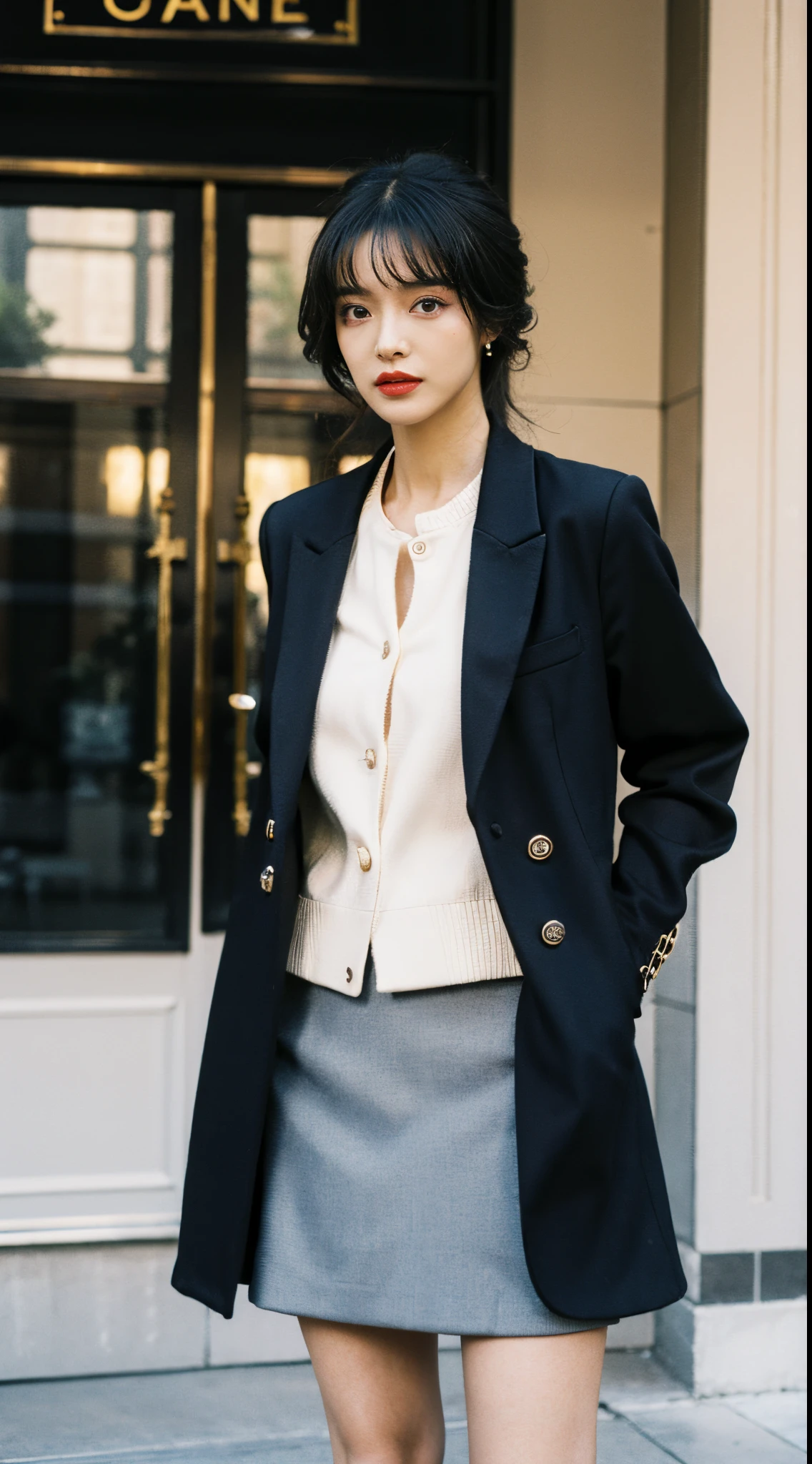 Best quality at best,tmasterpiece,超高分辨率,(realness:1.4),RAW photogr,hyper HD,8K,There is one girl,Stylish clothes,Chanel style,Stylish skinny suit, wearing jacket and skirt,high-class fashion,ellegance, White and black clothes, short skirt and a long jacket, black pantyhoses,best selling, high-heels