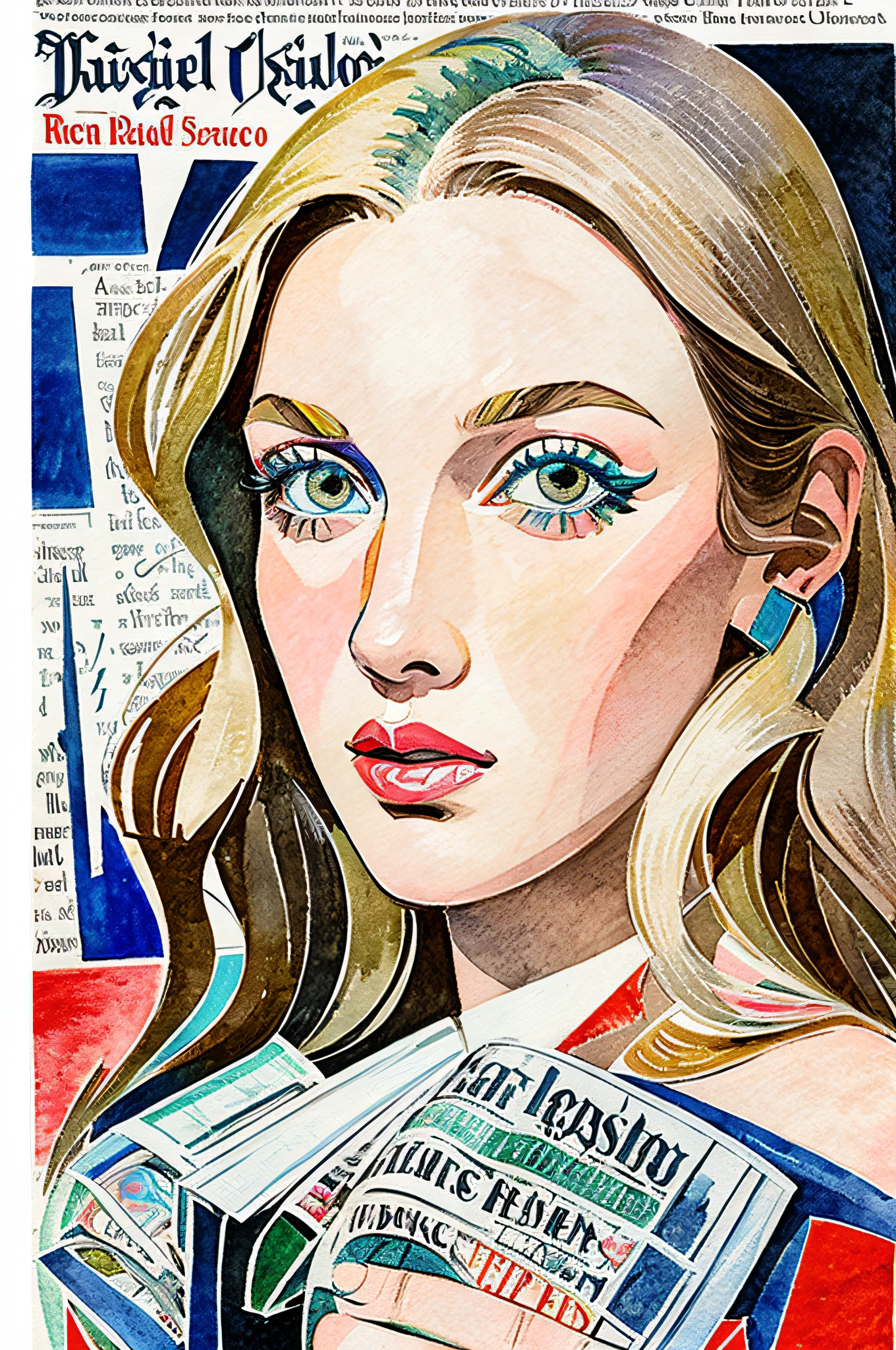 Sketched, watercolor paiting, Collage of Picasso and Robert Delaunay, cubism, Abstract, Cute daughter, big clear blue eyes, Little red cheeks, Blonde long-haired, Face-centric, Against the backdrop of newspapers and fashion magazines, Intricate Brushwork, high-level image quality, A breathtaking masterpiece
