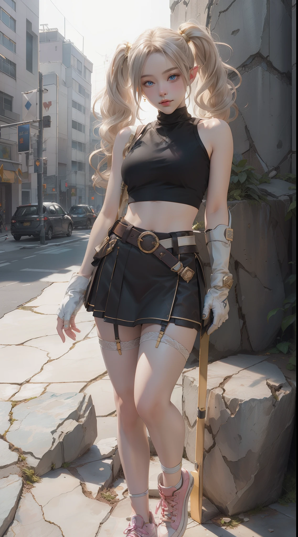 (masterpiece, best quality:1.3), (ultra-detailed, cinematic lighting), (illustration), (beautiful detailed face, eyes), concept art, (Elf), (1girl), (white Blonde, Bangs, Curly hair, twintails), blue Eyes, Tilting Head, light Smile, light pink lips, big breast, full body, (sleeveless turtle-neck), (shoulder armor, gold trim, fingerless gloves, black gloves, brown belt, pouch, Skirt, garter belt:1.2), (air Jordan sneakers), (high tops), (standing on cracked rocks:1.1), wide angle, medium shot, (cracked architecture), (flying black birds), standing pose, By Yusuke Murata, by Artgerm.