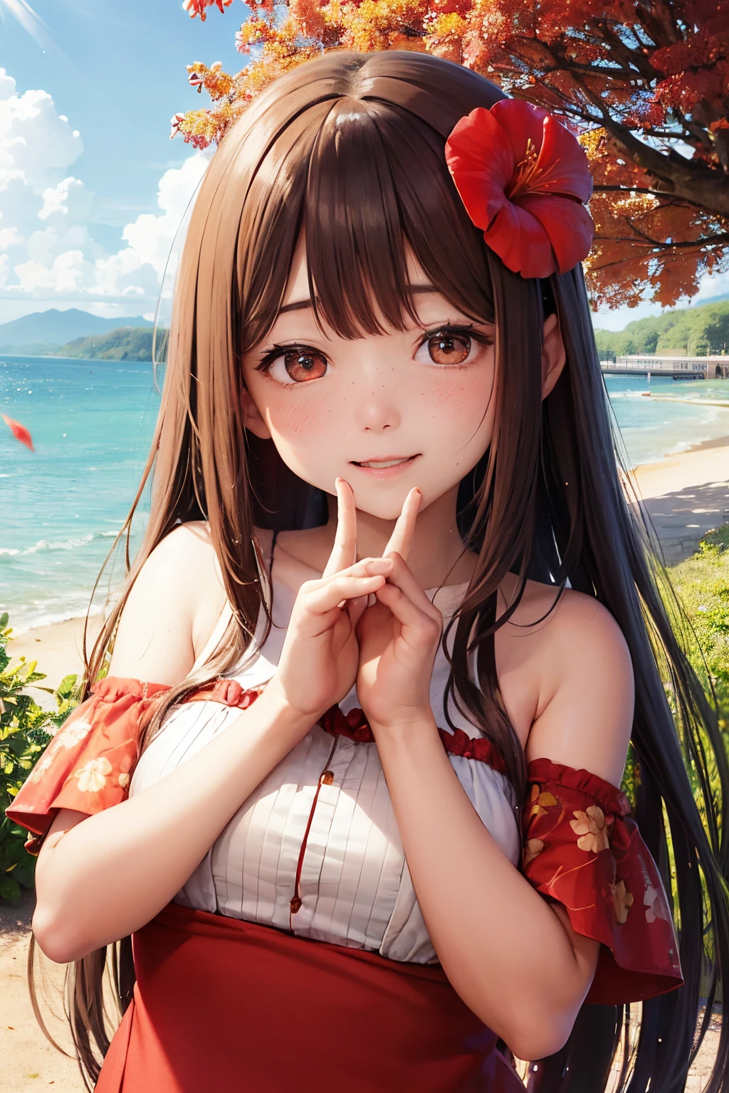 photoRealstic、Stand in front of the photo、laugh face、Water droplets on the cheeks、kawaii pose、Flowing Red Silk、bustup、Eye Up、Hibiscus petals、Blurring、brown haired、blue-sky、depth of fields、season!!: 夏☀ 🍂 ハイビスカス