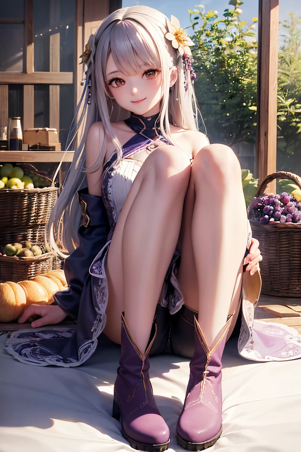 Octane Render、(Hyper-detailing: 1.15)、(Soft light、sharp: 1.2)、morning、Harvesting grapes, Enjoy grape picking、full body Esbian、Distinctive ethnic hair ornaments、Farm Boots、 Fuji Film, F/4.0, masutepiece, Anatomically correct、A smile, radiant light