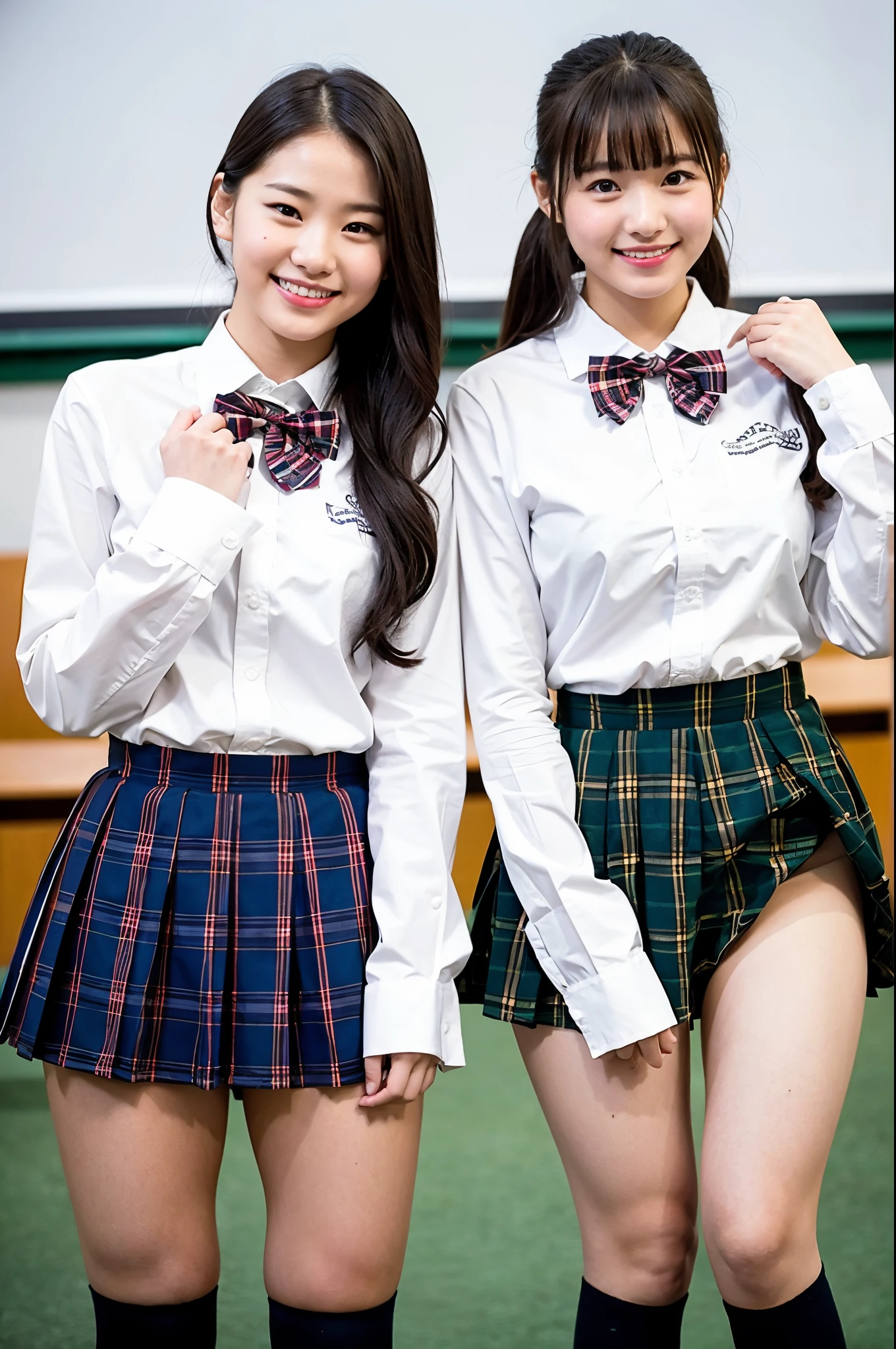 girls standing in school classroom,long sleeved white shirt with plaid bow tie,red plaid pleated skirt,hairpin,18-year-old,bangs,a little smiles,thighs,knees,crotch,low ponytail,from below