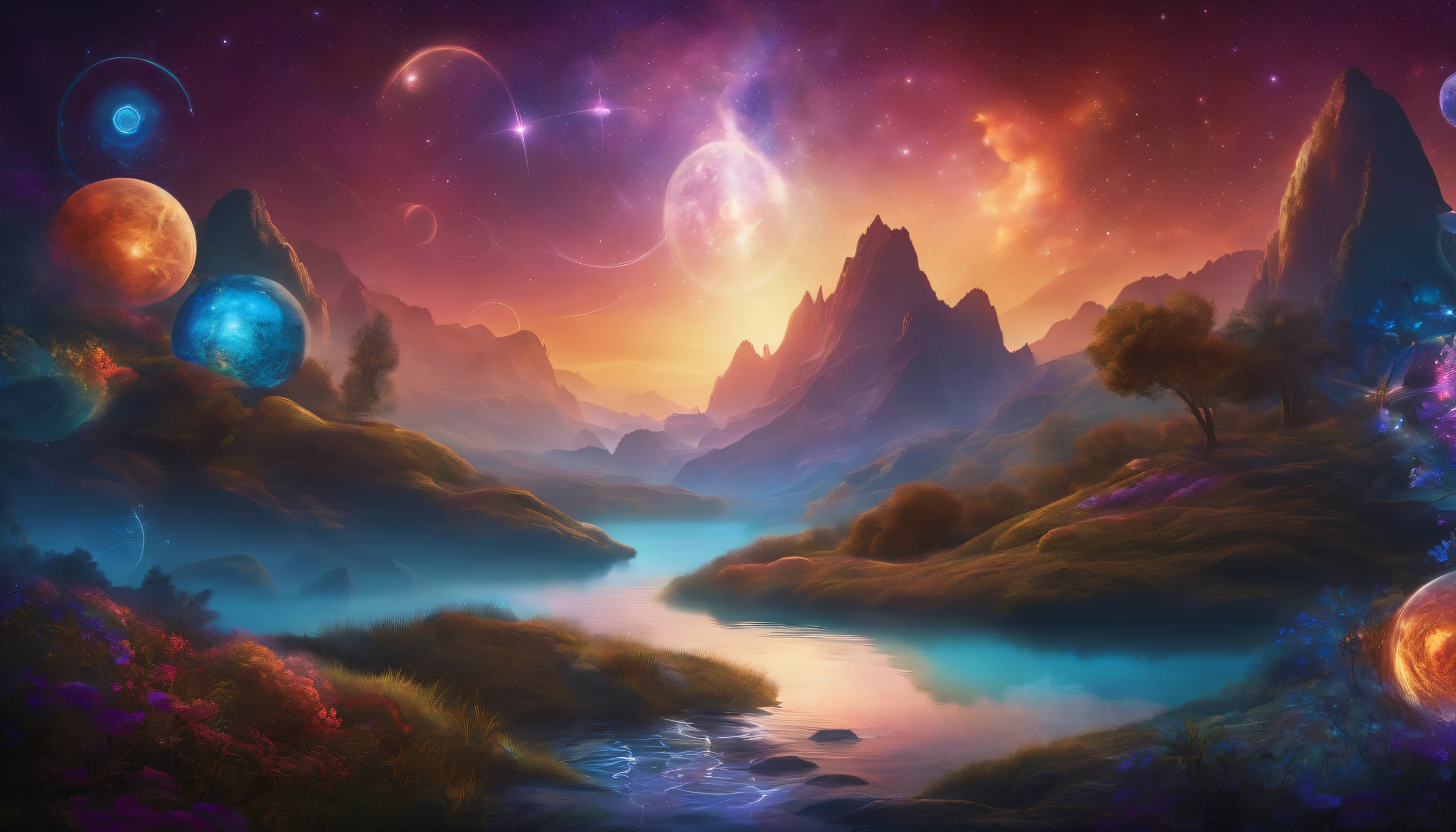 Digital art for numerologist screensaver, depicting an otherworldly landscape with mystical symbols organically intertwined. The space theme is enhanced by a rich color palette., evoking a sense of wonder and spiritual connection.