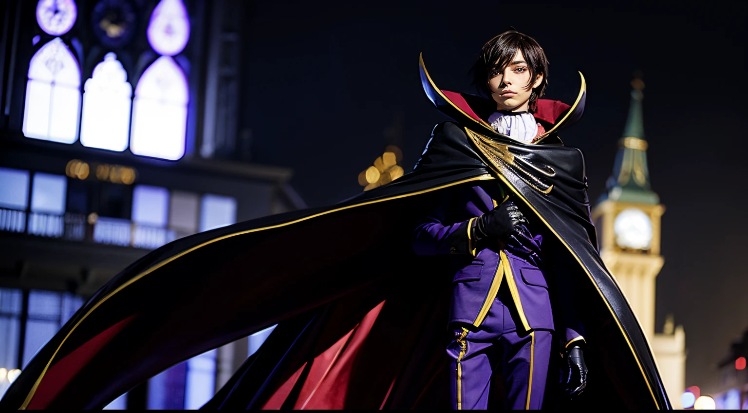 masterpiece, best quality, lelouch lamperouge, solo, holding mask, looking at viewer, standing, short hair, purple eyes, geass black cape, black gloves, brown hair, cape, formal, gloves, high collar, long sleeves, mask, pants, purple footwear, purple pants, purple suit, suit, mksks style, professional lightning, spotlight, city,