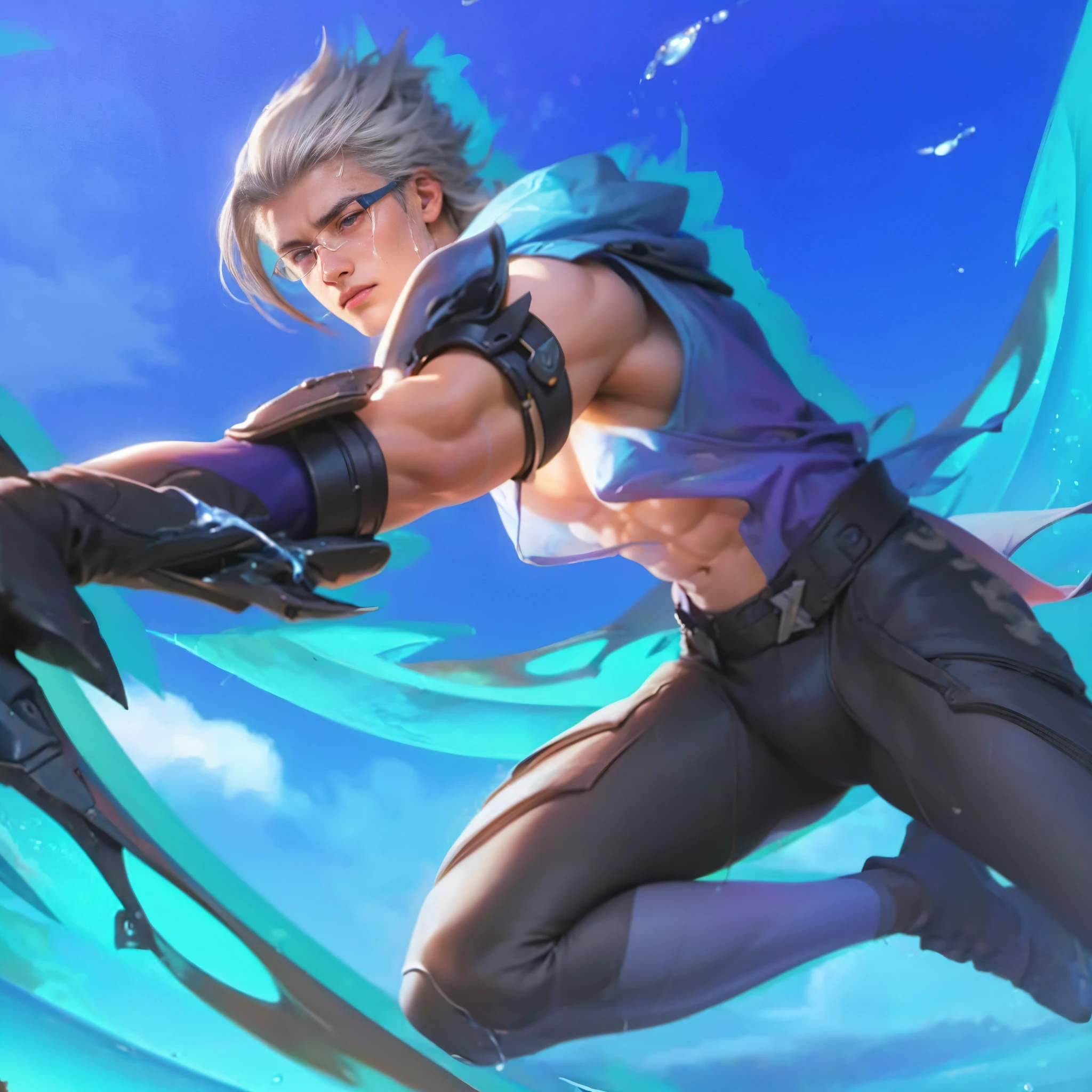 (max resolution: 1.2), (Ultra HDTV: 1.2), 8K resolution, Eye and skin details, detailed facial features, , (Sharp focus: 1, 2), ( Accurate focus) facial expressions: 1,2), 1 boy standing, 20-25 years old, (White hair), (Shirtless), Shirtless, Perfect muscles, 8 pack, (light sweat, white fluid, splashing all over the body), (Black briefs), Blue sky, Tree mortar, Transplant, ((Little drops of water on 8-pack abs)), (((water, water))), splashed all over his face, splashed all over his abs, splashed all over his body, his face turned red from embarrassment. ((There is a faint word SelenaAI in the corner of the photo)),Blue sky, white clouds, light sunshine, beach background, (hairy), showing hair