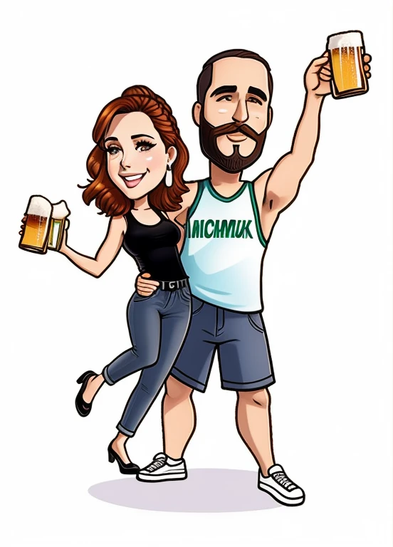 um desenho animado de um homem e uma mulher segurando copos de cerveja,