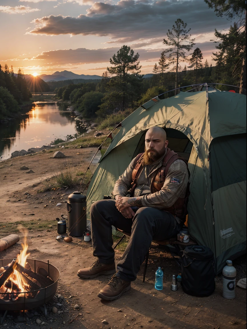 ((3 men)), fat man, ((skin head, tattoos, shaggy-bearded)), cargo pants cold blouse ((full body, angry)), masterpiece, best quality, perfect eyes, perfect hands, perfect legs, ultra-detailed, solo, outdoor, (sunset), mountains, nature, (stars, cloud) backpack, sleeping bag, camping stove, water bottle, gloves, flashlight, forest, stones, river, wood, smoke, shadows, contrast, style, (warm hue, warm tone: 1.2), cinematic light, side lighting, ultra high resolution, best shade, RAW, wooden house, campfire