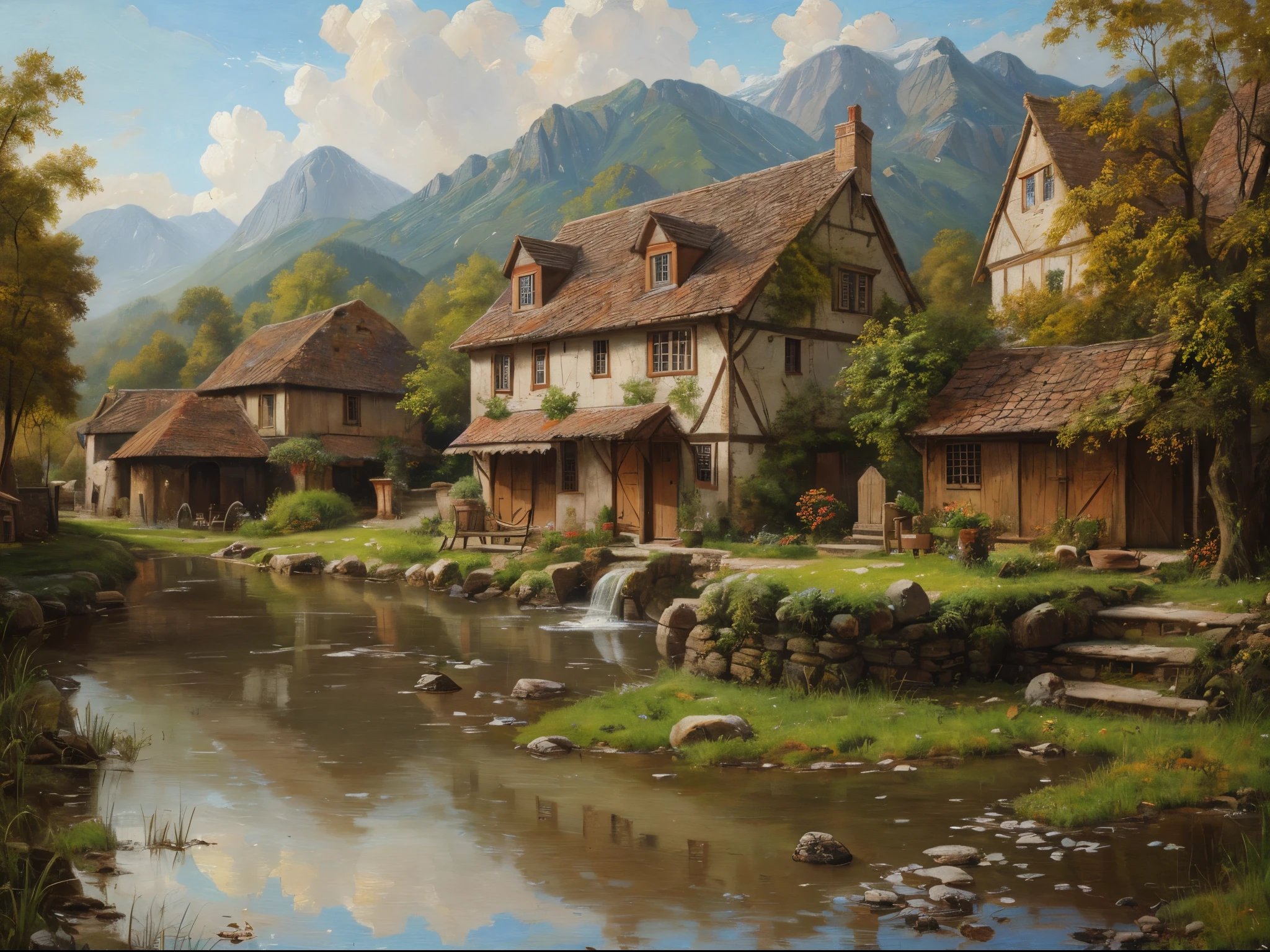17th century village, detailed and intricate environment, oil painting, palette knife soft brushstrokes, heavy strokes, dripping paint, art station on trend, sharp focus, intricate details, highly detailed