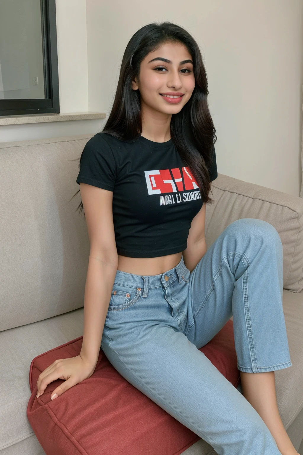  girl named mouni roy, wearing tshirt and jeans, photo taken on iphone, perfect body, smiling, side sitting on sofa, barefoot, feet