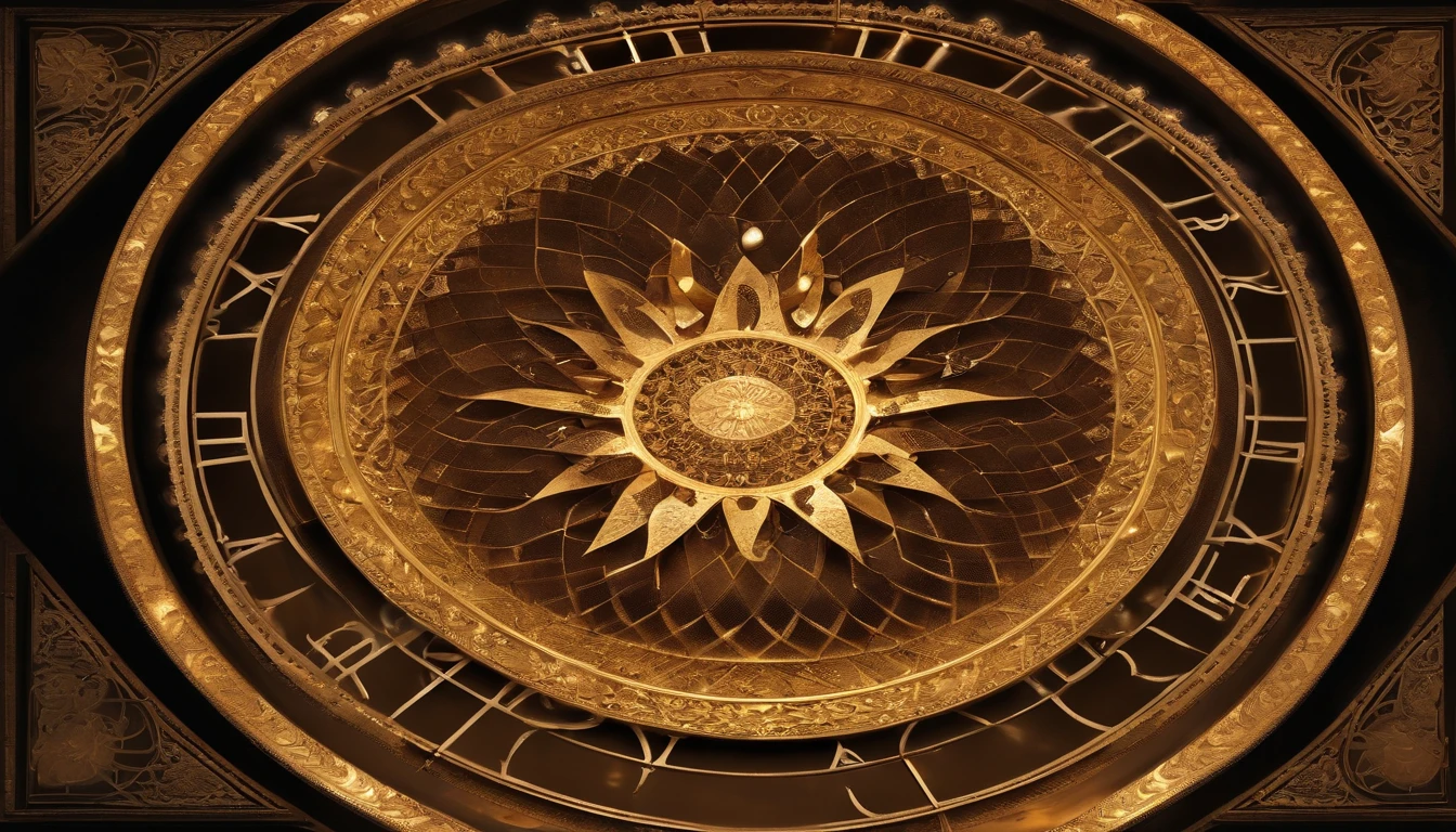 Numerology sacred geometry, intricate circle filled with esoteric symbols and numbers, golden ratio spiral patterns, mystical glow, elaborate details emerging from the shadows