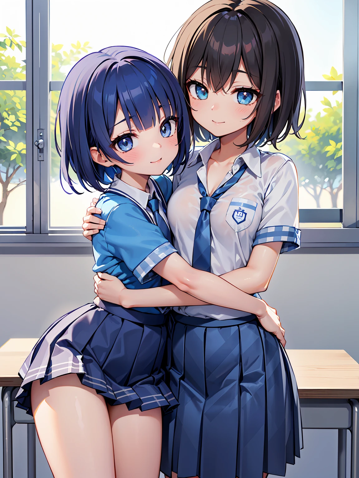 (RAW Photos, Best Quality), (animesque: 1.2), (2 sweet japanese gals), (Long Straight, Wolfcut), (Sharp facial features), (Highest Quality:1.2), Wet body, Glossy lips, Smile, 鎖骨, Pretty face, (The face is small), Beautiful eyes, long eyelashes, slenderbody, ((blue tie:1.5, Blue pleated skirt with check pattern:1.5)), ((hug)), (school classrooms), Soft lighting, High quality, Professional Lighting, Photon mapping, Physically Based Rendering, Perfect limbs, Perfect Anatomy, tre anatomically correct,