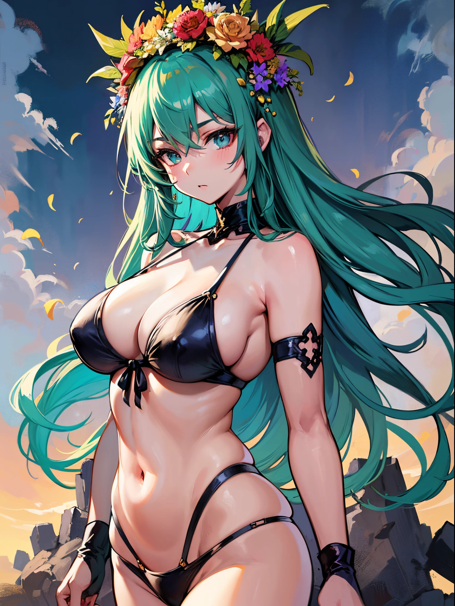 ((Finest quality)),(超A high resolution),(ultra-detailliert),(Meticulous portrayal),((Best Anime)),(Finest works of art),(Ultra-Precision Art),(The art of astounding depiction,Overwhelming depiction:1.5),(Intricate and detailed art), (femele:1.5),((beauitful face:1.5)),((Stunning proportions that will make you fall in love with it:1.6)),colorful bikini:1.8,slim belly:1.5,the flower crown:1.3,