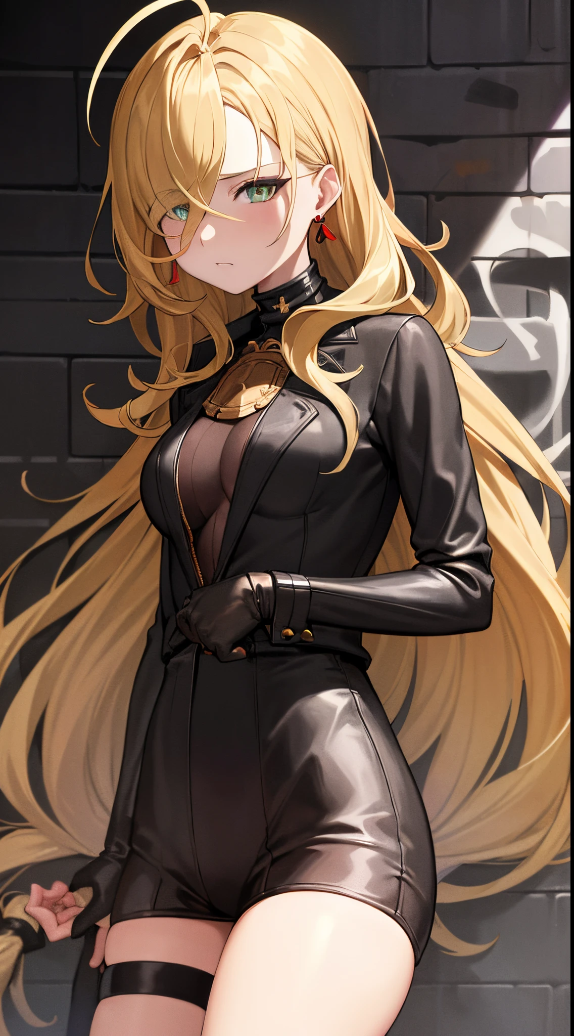 masterpiece, best quality, absurdres, perfect , 1girl, solo, PredatorGB, long hair, hair over one eye, ahoge, earrings, sharp eyes, choker, neon shirt, , turtleneck sweater, night, against wall, brick wall, graffiti, dim lighting, alley, looking at viewer,