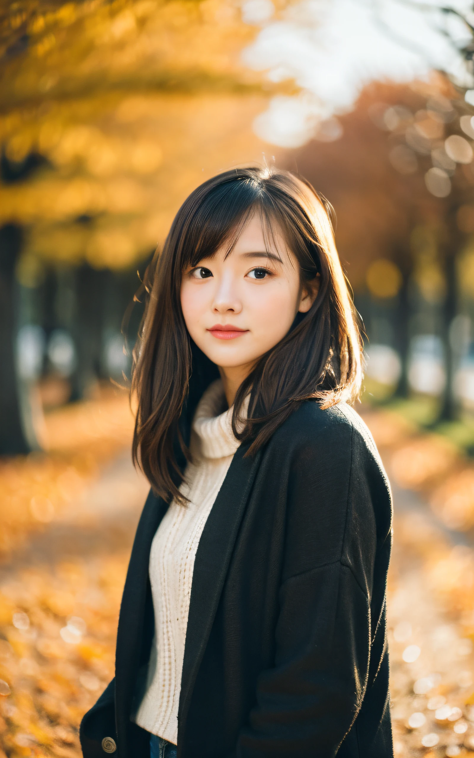 masutepiece, Best Quality, 8K, 1 girl, in autumn, Tree-lined avenue of autumn leaves, out of focus, 18 yo, medium breasts⁩, Mouth slightly open, cute little, Solo, sad, Clothes that look good in autumn, Cute, Girly, Delicate girl, Neat and clean beauty, Raw photo, Professional Photography, Portrait, Soft light, Professional Lighting, Back lighting, Upper body, see the beholder, Sophisticated, Film grain, (Eyes and faces with detailed:1.0), Medium hair swaying in the wind, beautiful flowing brown hair, Bangs