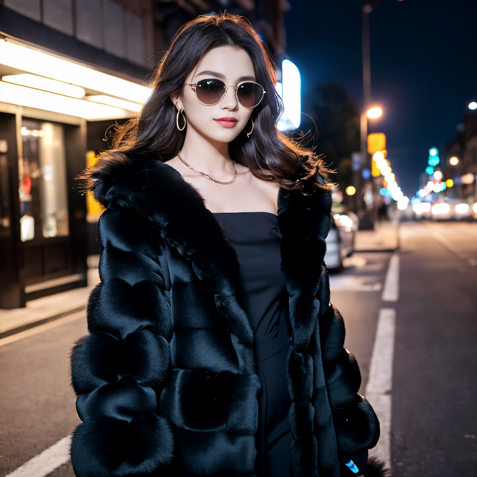 ((top-quality、masutepiece、8K、Top image quality、Hyper-Realism、SFW、1 photo))、1 female、(large full breasts)、Mafia Female Boss、A cool smile staring at me、View me、Full body photo、perfect anatomia、(The most luxurious and dignified huge fur coat:1.3)、(Very high quality fluffy fur:1.5)、(Plenty of fluffy fur:1.3)、(the most luxurious black huge fur coat:1.3)、(black glowing sunglasses:1.2)、Gorgeous accessories、Long Wave Hair、(city street at midnight:1.4)
