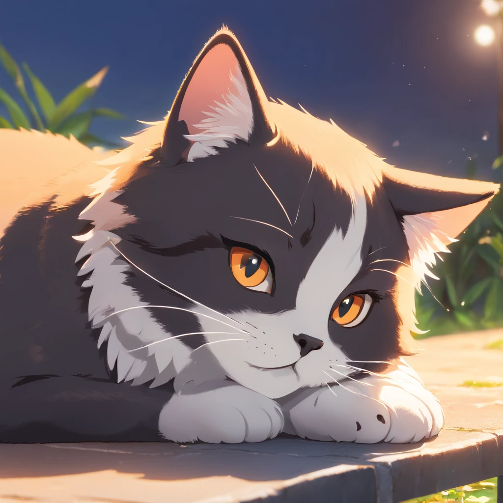 Cute isometric cat emoticon, tuxedo jack, black and white cat, Fluffy and cute,Kitten is about to cry, front side, soft golden background, soft and muted colors, 3d icon clay render, springtime: 120mm, 3d blender render, Trending on Polycount, modular constructivism, Orange background, physically-based renderingt,
