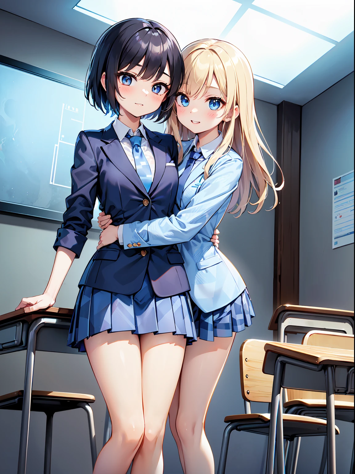 Anime Moe Art Style,Highest quality,High resolution,Anatomically correct,Multiple Girls,Mid-,Mr.々Hair style,Super detailed,Big Breasts,Shiny skin,Beautiful Skin,A rich expression,Bright smile,high school girl,Gal-style girl,Littll girl,Nipples are visible,classroom,blazer,mini skirt,Holding a condom,sexy,Eyes drawn in detail,8K